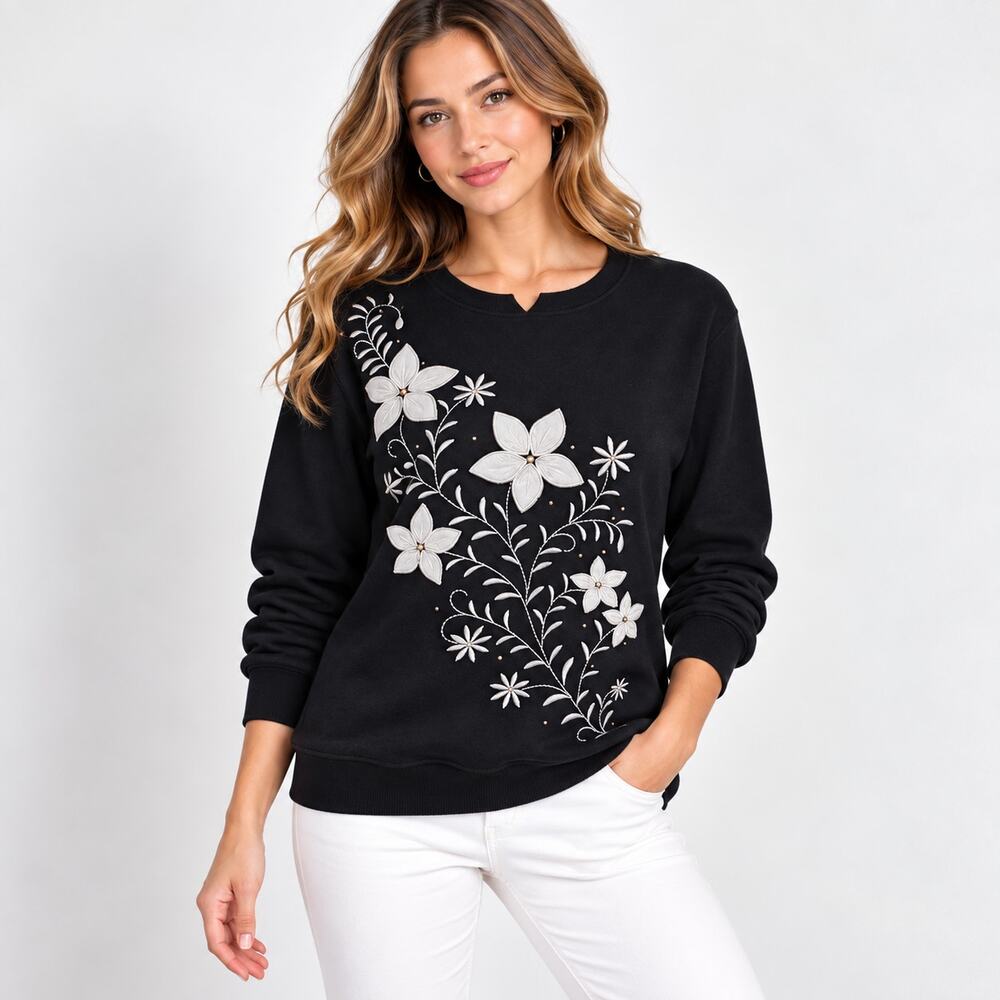 Hastings & Smith Sweatshirt Women's Size S Black Embroidered Floral Grandma NWT